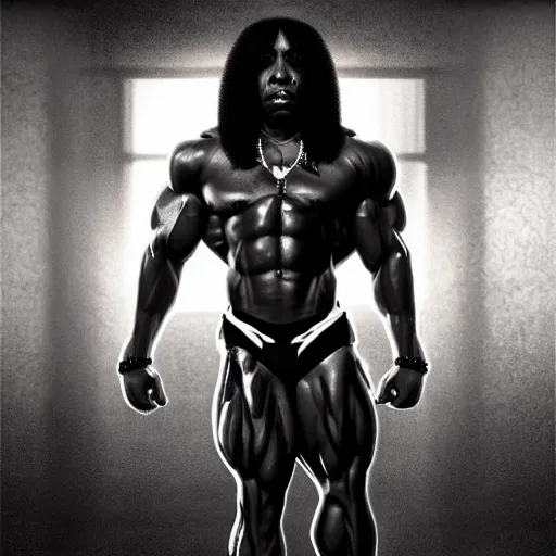Prompt: Rick james with the physique of a body builder, realistic, detailed, cinematic, dynamic lighting, photorealistic, refined, intricate, digital art, background a gym, masterpiece, 8k
