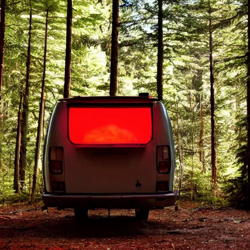 Image similar to a metal camper in a forest clearing, pillar of red light visible in background