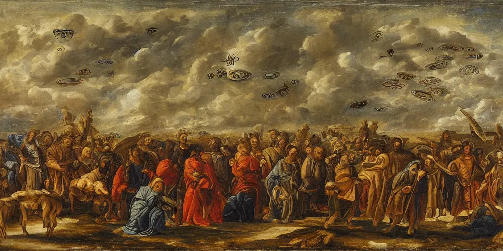 Prompt: A group of Ophanim with thousands of eyes covering their wheels hovers over a group of shepherds in a field, Theophanes, oil painting