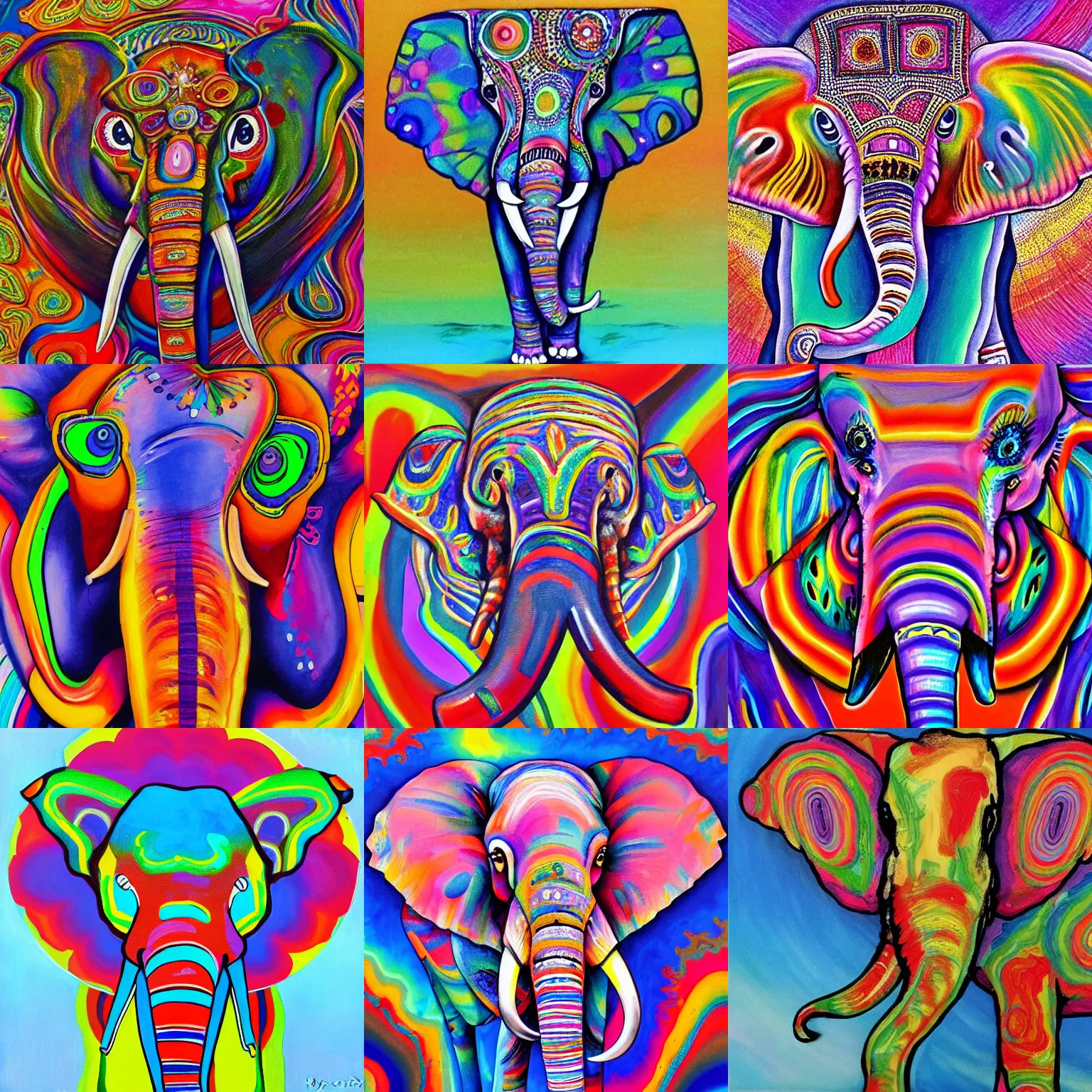 Prompt: painting of a psychedelic elephant listening to earth rhythm