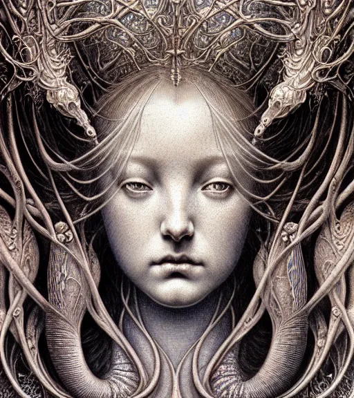 Prompt: detailed realistic beautiful mermaid goddess face portrait by jean delville, gustave dore, iris van herpen and marco mazzoni, art forms of nature by ernst haeckel, art nouveau, symbolist, visionary, gothic, neo - gothic, pre - raphaelite, fractal lace, intricate alien botanicals, ai biodiversity, surreality, hyperdetailed ultrasharp octane render