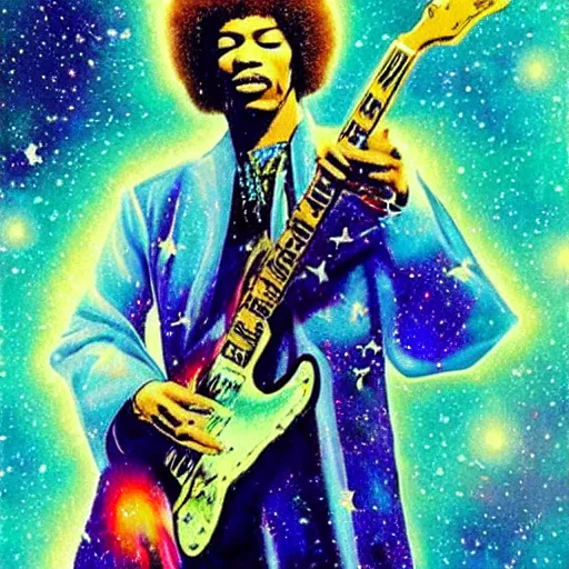 Image similar to jimi hendrix playing guitar, galaxy, stars, nebula, synthwave