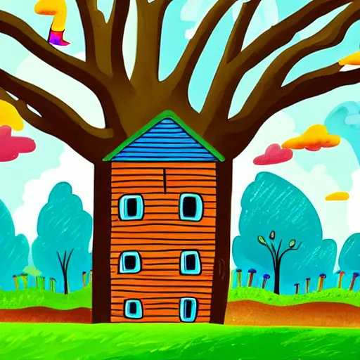 Image similar to : forest park with a tree house after it rained earlyin the morning rainbowin the sky, illustration art style