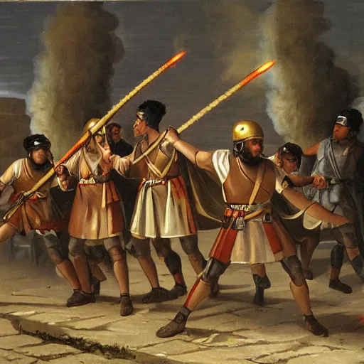 Prompt: roman soldiers using a flamethrower