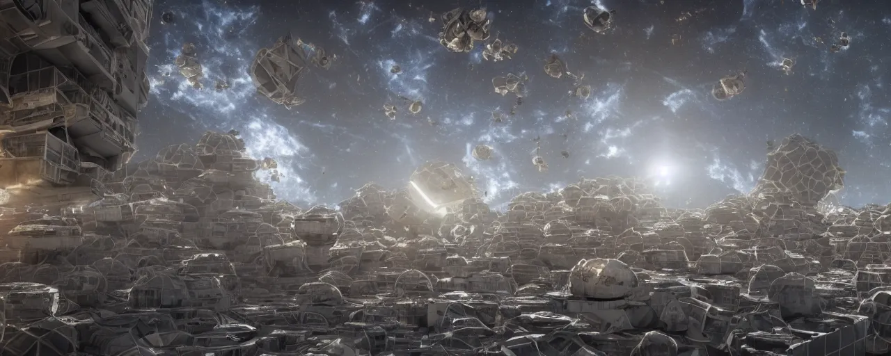 Image similar to movie still, brutalist wasp hive in space, unreal engine, octane render, detailed and intricate, global illumination, volumetric lighting, hubble telescope images, james webb telescope images, detailed and intricate environment