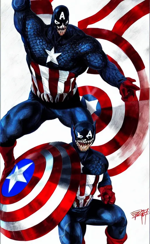 Image similar to full body portrait of venom as captain america, dynamic lighting, cinematic, ultra detailed, trending on art station, stunning visuals, creative, fantasy concept art