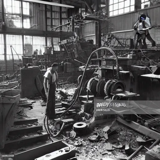 Prompt: photograph, men working in a machine shop sweeping up scrap metal, circa 1946