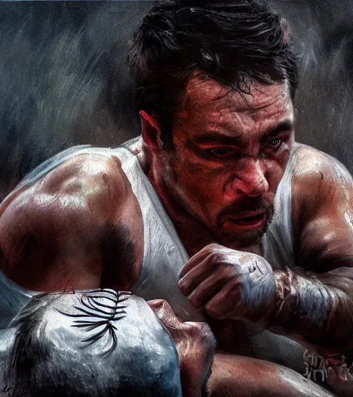 Image similar to high quality high detail painting by alberto mielgo and jaime jones, wrestling, cinematic, hd