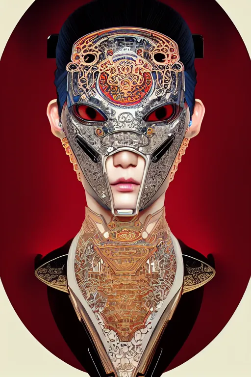 Prompt: portrait of a cyberpunk machine, machine face, upper half portrait, decorated with chinese opera motifs, asian, fine china, traditional chinese art, intricate, elegant, highly detailed, symmetry, headpiece, digital painting, artstation, concept art, smooth, sharp focus, illustration, art by artgerm and greg rutkowski and alphonse mucha, 8 k