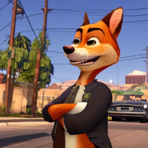 Image similar to Grand Theft Auto: San Andreas loading screen featuring Nick Wilde (from Zootopia)