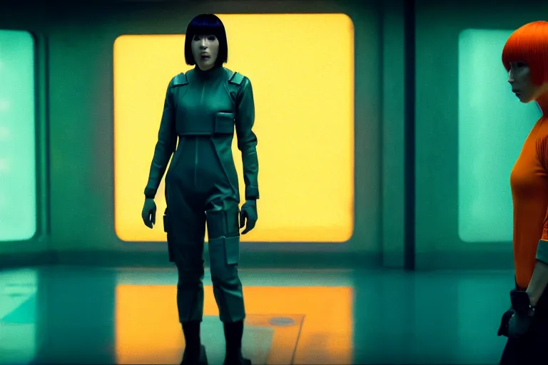 Prompt: major motoko wearing an orange prison jumpsuit hologram of a screaming child to her right, photography by fred palacio medium full shot still from bladerunner 2 0 4 9, sci fi, bladerunner, canon eos r 3, f / 3, iso 2 0 0, 1 / 1 6 0 s, 8 k, raw, unedited