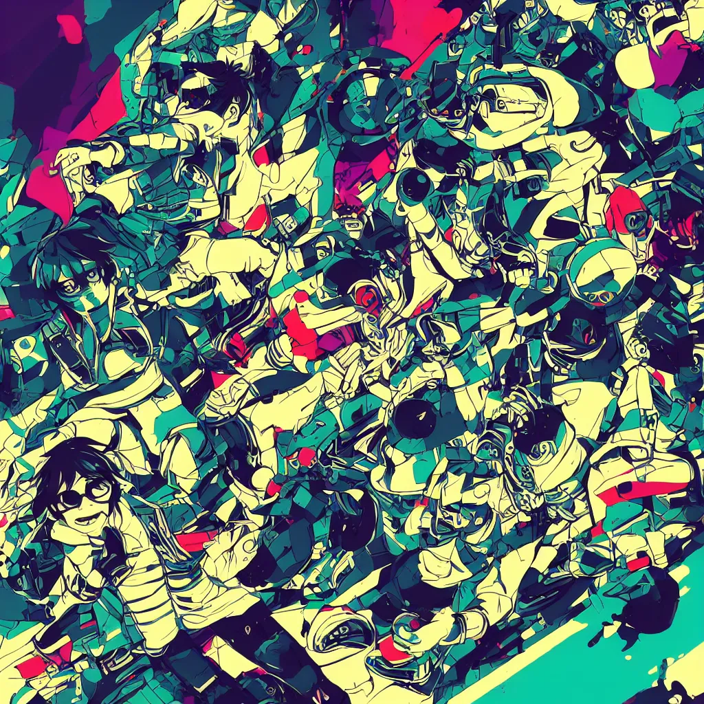 Image similar to in love ryuta ueda artwork, jet set radio artwork, stripes, gloom, space, cel - shaded art style, broken rainbow, data, minimal, speakers, code, cybernetic, dark, eerie, cyber