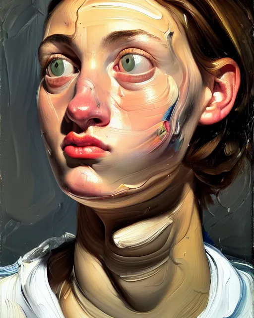 Image similar to a close up portrait a very ordinary young woman with a distracted expression, low angle, facing front, looking up, by Lucian Freud and Jenny Saville, oil painting, anatomically correct, beautiful perfect face, visible brushstrokes, sharp focus, Highly Detailed, Cinematic Lighting, 8k, HD