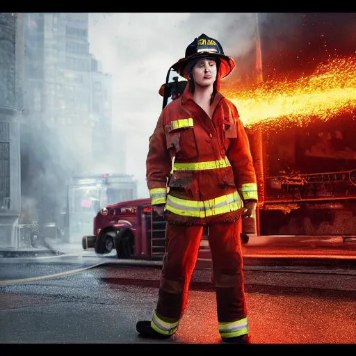 Image similar to full body pose, hyperrealistic photograph of female fireman, dim volumetric lighting, 8 k, octane beautifully detailed render, extremely hyper detailed, intricate, epic composition, cinematic lighting, masterpiece, trending on artstation, very very detailed, stunning, hdr, smooth, sharp focus, high resolution, award, winning photo, dslr, 5 0 mm