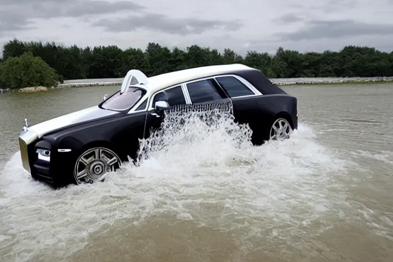 Image similar to Group of teenagers push Rolls-Royce into lake from small slide