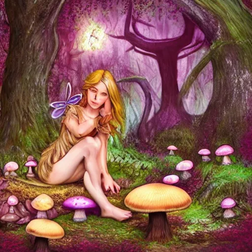 Prompt: A fairy witch eating mushrooms in a magical forest