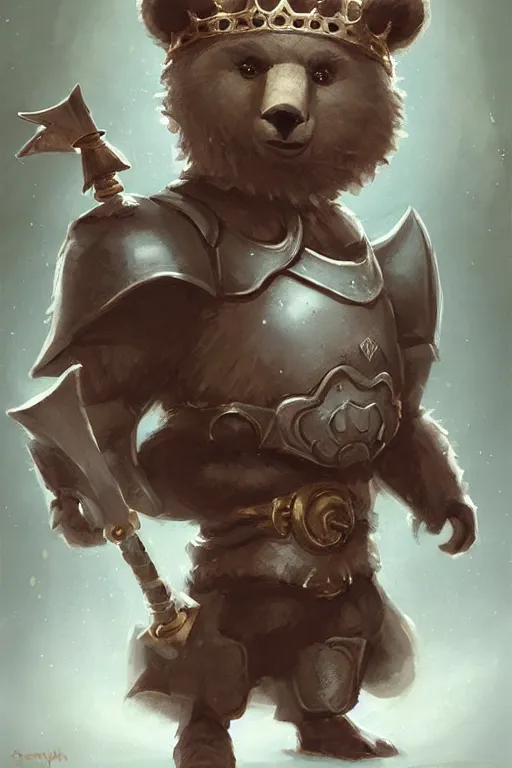 Image similar to cute little anthropomorphic bear knight wearing a cape and a crown, tiny, small, miniature bear, baby animal, short, pale blue armor, cute and adorable, pretty, beautiful, DnD character art portrait, matte fantasy painting, DeviantArt Artstation, by Jason Felix by Steve Argyle by Tyler Jacobson by Peter Mohrbacher, cinematic lighting