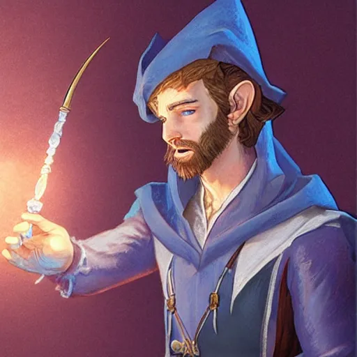 Prompt: Young bearded Tarski Fiume, half-elf Time Wizard, casting a spell with a small hourglass as a material component, iconic character art by Wayne Reynolds for Paizo Pathfinder RPG