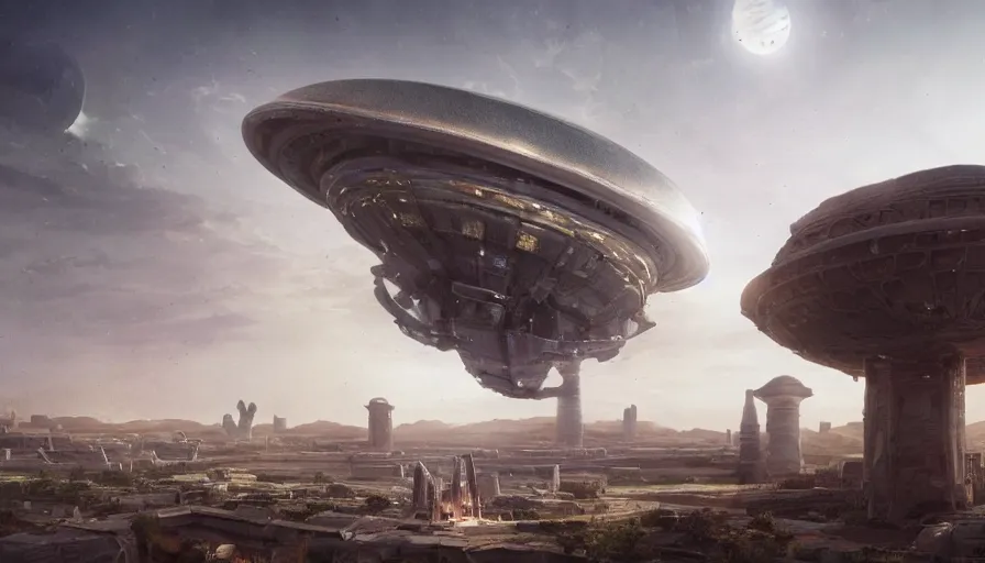 Image similar to a giant alien ufo high tech spaceship eerily hovering on nineveh on mesopotamia city landscape with beautiful shrines by greg rutkowski, artgerm, ross tran, magali villeneuve, intricate, time travel theme, audince in awe, spectacle, audience sorrounding, award winning, octane render, masterpiece, 8 k, beautiful