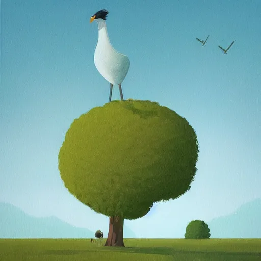 Image similar to a painting of a large bird standing next to a tree, a storybook illustration by James Gilleard, behance contest winner, environmental art, behance hd, 2d game art, reimagined by industrial light and magic