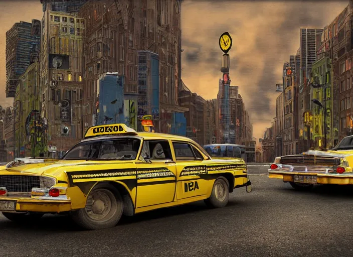 Image similar to 🚓🚕🚖, lowbrow, matte painting, 3 - d highly detailed, in the style of michael irvine,