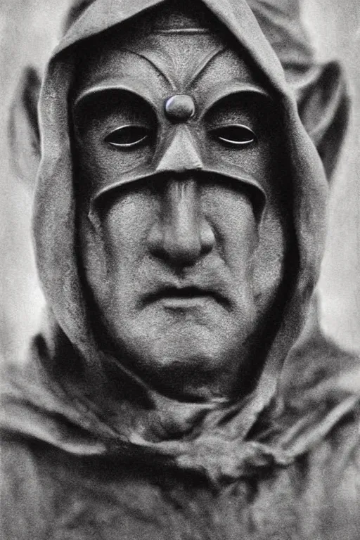 Image similar to orko, portrait, full body, symmetrical features, silver iodide, 1 8 8 0 photograph, sepia tone, aged paper, sergio leone, master prime lenses, cinematic