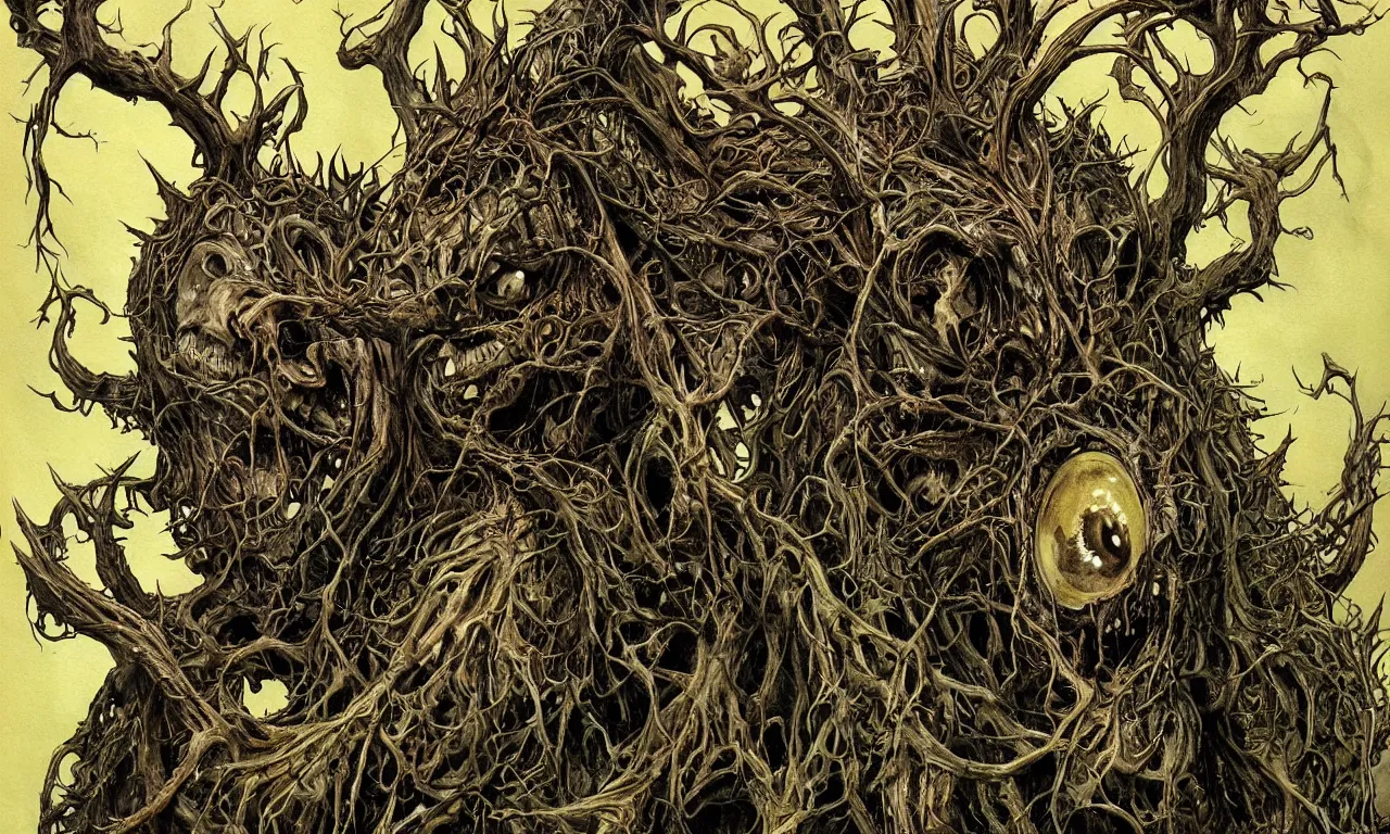 Image similar to hyperdetailed art nouveau portrait of treebeard as a chimera eyeball skull dragon monster, by micheal whelan, simon bisley and bill sienkiewicz, grim yet sparkling atmosphere, photorealism, thorns, claws, teeth, fangs, night in the forest, wild, crazy, scary, horror, lynn varley, lovern kindzierski, steve oliff