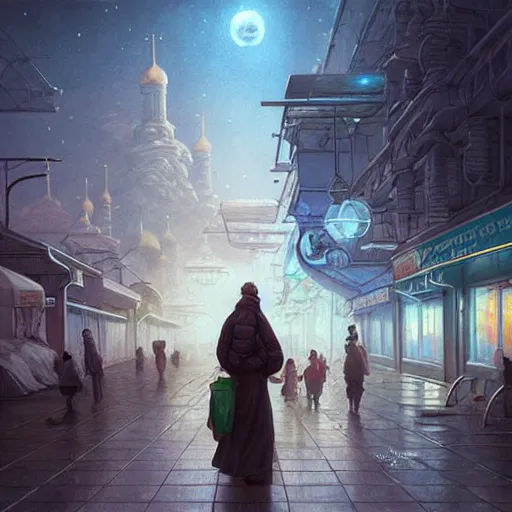 Image similar to People on the streets on the Moon city Noviy Norilsk, Russian panel houses sleeping quarters, sci-fi, fantasy, intricate, very very beautiful, elegant, digital painting, trending on Behance, concept art, smooth, sharp focus, illustration, art by artgerm and greg rutkowski and Evgeny Zubkov and alphonse mucha