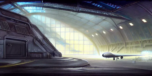 Prompt: a painting of a sci fi hangar, by charlie bowater