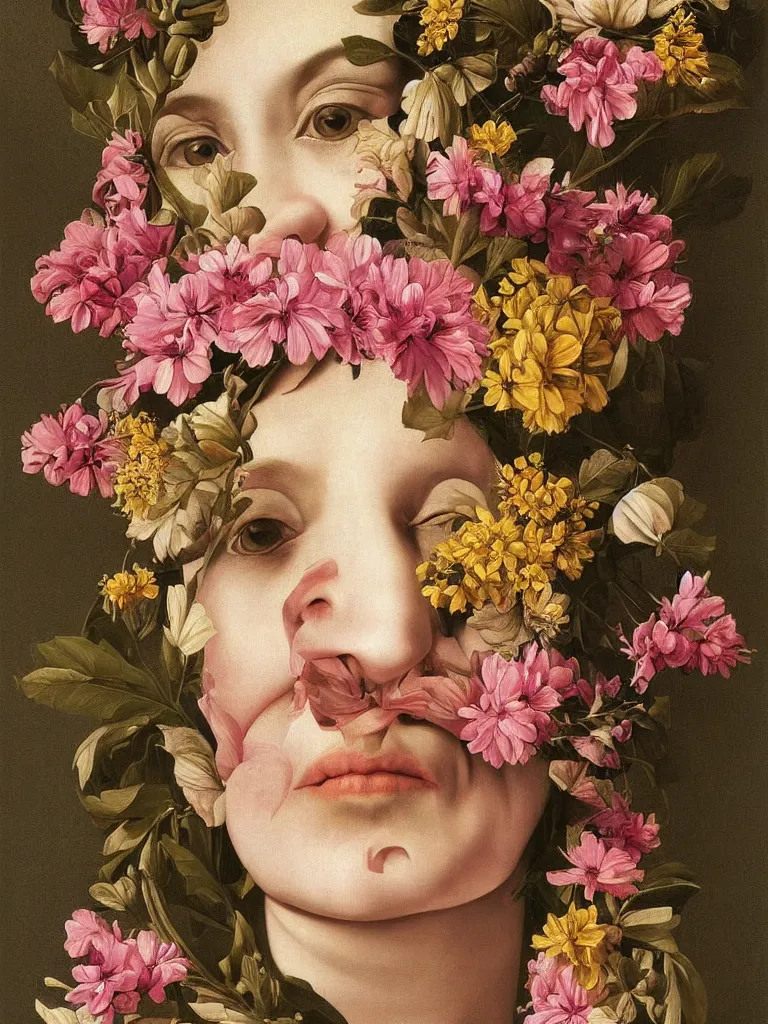 Prompt: hyperrealistic still life painting of a woman's face made of flowers that is smiling, by Caravaggio, botanical print, surrealism, vivid colors, serene, golden ratio,
