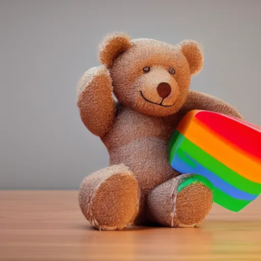 Image similar to teddy bear vomiting rainbow, photorealistic