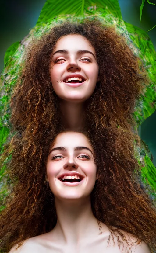 Image similar to 8 k uhd poser render of the face of a young woman with marble complexion, angelic features, her face framed with curls, her head raised in rapture, laughing, portrait photography, symmetrical eyes, by john singer sargent, background lush vegetation, insects and birds, dof narrow, 1 0 5 mm lens