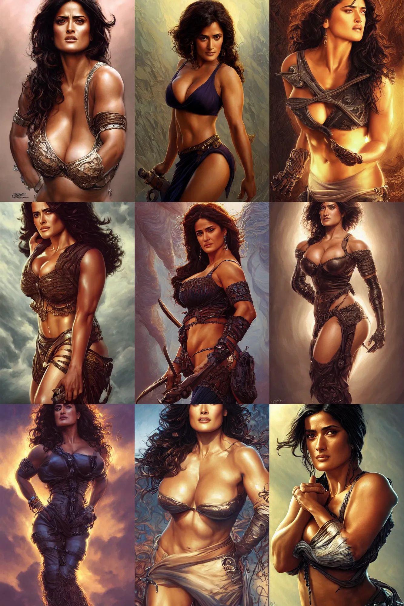 Prompt: muscled Salma Hayek as a ruggedly handsome heroine , backlit, intricate, elegant, highly detailed, centered, digital painting, artstation, concept art, smooth, sharp focus, illustration, art by artgerm and donato giancola and Joseph Christian Leyendecker, Ross Tran, Alex Ross, WLOP