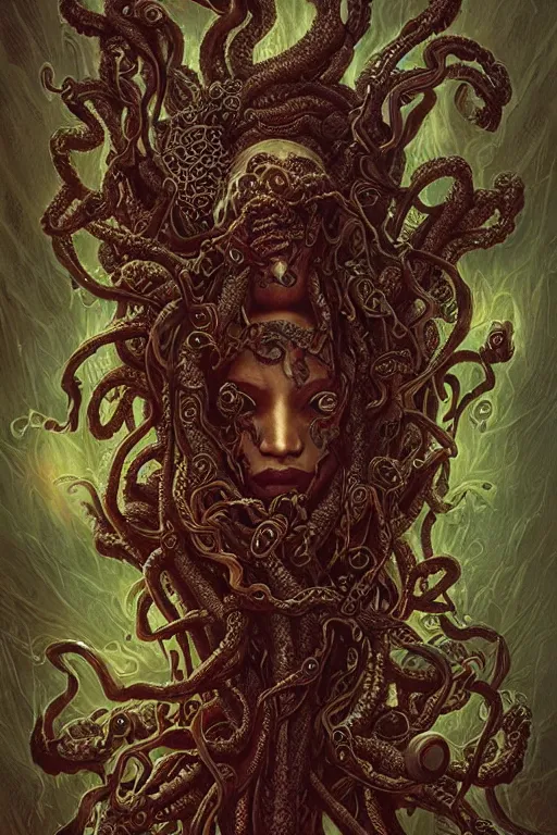 Image similar to creppy medusa fused with lovecraft and predator wearing ornate silk, photo, portrait, intricate details, by vincent di fate, artgerm, julie bell, beeple and Greg Rutkowski, 80s, concept, Smooth gradients, octane render, 8k, High contrast, duo tone, depth of field, very coherent symmetrical artwork