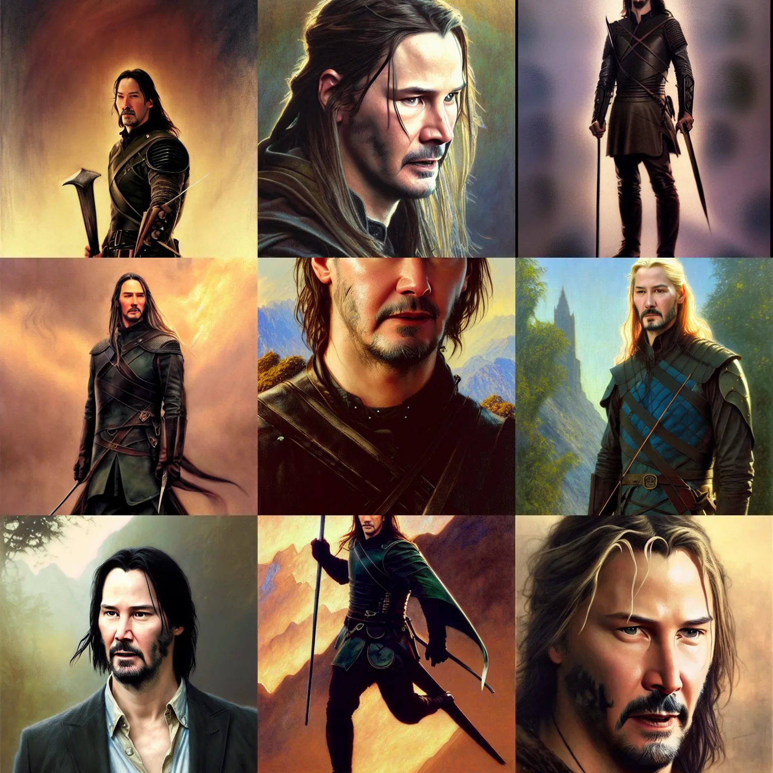 Prompt: Keanu reeves as (Legolas) by Alan Lee, (golden hour), concept art, detailed clothing, art station, oil painting, art by artgerm and greg rutkowski and alphonse mucha