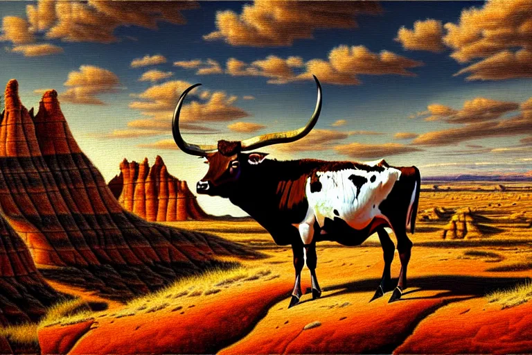 Image similar to a oil panting of a longhorn steer on a bluff in utah badlands, in the style of johfra bosschart, digital painting, extremely moody, highly detailed, sharp focus, illustration, key visual, unreal engine