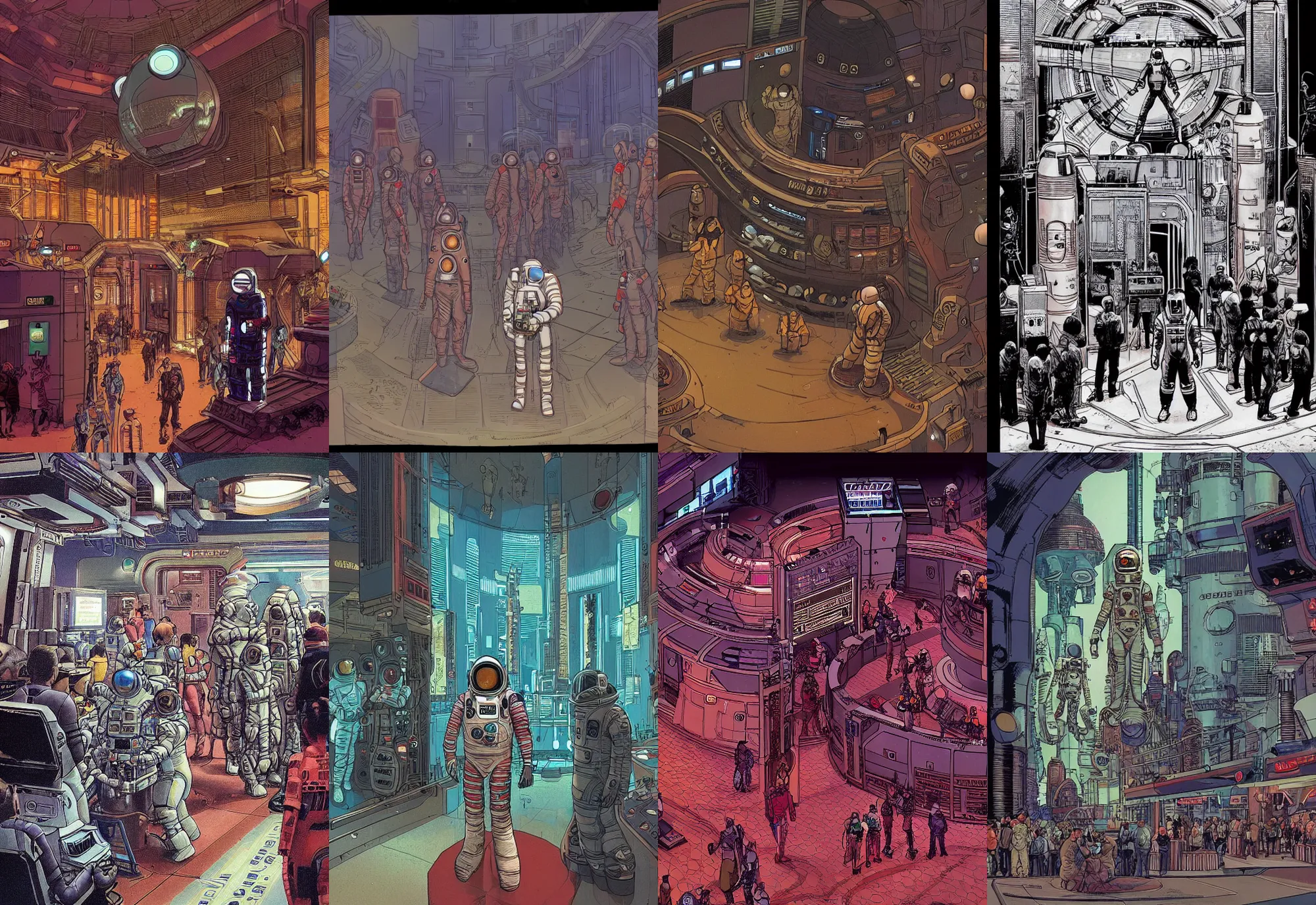 Prompt: an astronaut standing in the entrance to a bustling cyberpunk casino on mars, filled with people, robots, cyborgs, aliens, by moebius