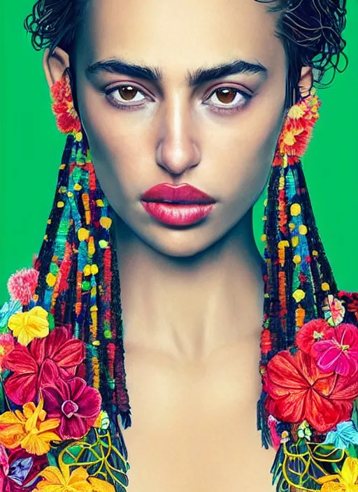 Prompt: beautiful portrait of Irina Shayk wearing fantastic Hand-dyed cotton dress,embellished beaded feather decorative fringe knots ,colorful pigtail,subtropical flowers and plants,symmetrical face,Pantone,intricate,elegant,highly detailed,8k,post-processing,digital painting,trending on pinterest,harper's bazaar,concept art, sharp focus, illustration, by artgerm,Tom Bagshaw,Lawrence Alma-Tadema,greg rutkowski,alphonse Mucha