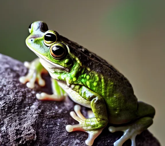 Image similar to photo of a cute frog, sitting on top of his cute mushroom friend, various poses, soft light, faded colors, well framed, sharp focus, 8 k