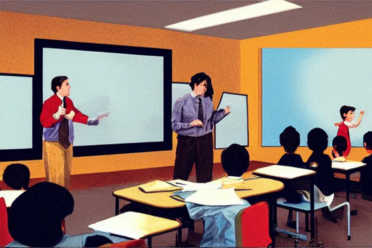 Prompt: a presentation on a projector, classroom, art, new yorker