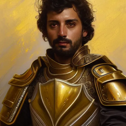 Prompt: Portrait of Pedro Perestrello as a paladin wearing gold full plate armor and wielding a shield, fantasy, intricate, elegant, highly detailed, digital painting, artstation, concept art, matte, sharp focus, illustration, art by Roberto Ferri and Greg Rutkowski and Alphonse Mucha