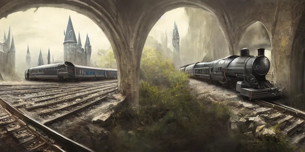 Image similar to mysterious painting of Hogwarts train, immaculate scale, hyper-realistic, Unreal Engine, Octane Render, digital art, trending on Artstation, 8k, detailed, atmospheric, immaculate