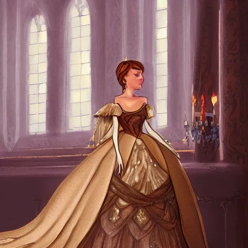 Prompt: Princess at a royal banquet, elegant dress, intricate, matte, digital painting, 8K, warm lighting, large staircase, royalty, high detail, medieval-fantasy, concept art, realistic, cinematic