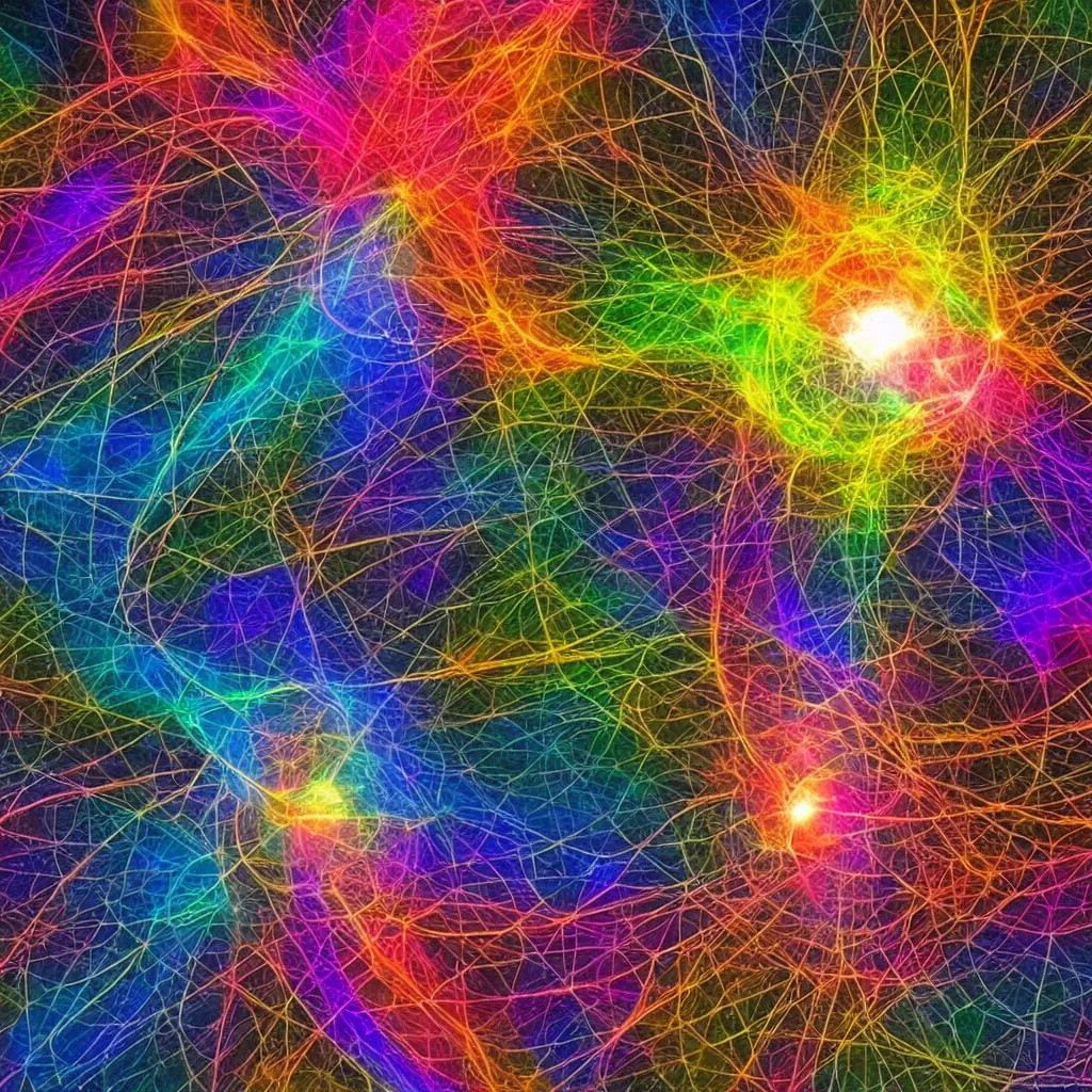 Prompt: what happens inside a proton, Indra's Net by greg rutowski, the pure chaos of the mind as a colorful explosion of consciousness