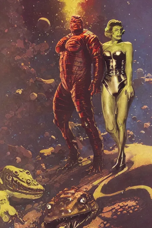 Image similar to full body portrait of brock lesnar as amphibian demon standing beside elegant space woman in latex spacesuit, by norman rockwell, jack kirby, jon berkey, earle bergey, craig mullins, ruan jia, jeremy mann, tom lovell, marvel, astounding stories, 5 0 s pulp illustration, scifi, fantasy, artstation creature concept