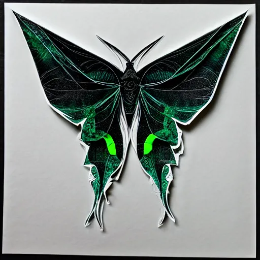 Prompt: black paper luna moth, cut paper, many layers and intricate details