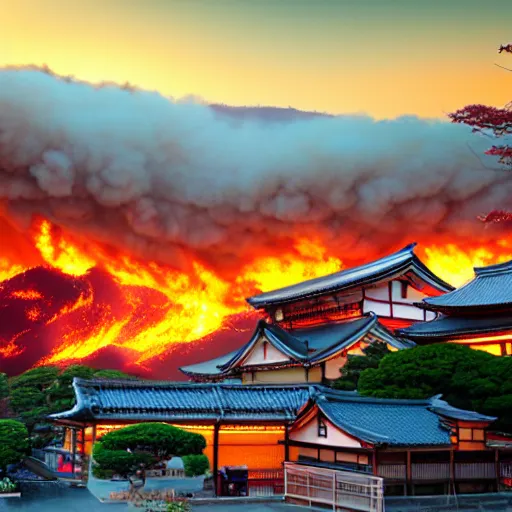 Image similar to japanese town on fire, sunset, 8k, high details, photorealistic, sharp