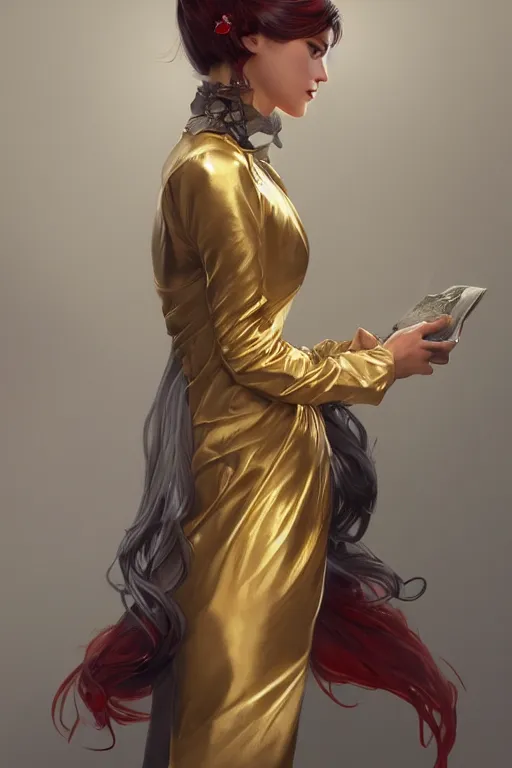 Image similar to a girl wearing a golden dress, grey hair, red necktie, cinematic, stunning, highly detailed, digital painting, artstation, smooth, hard focus, full body shot, illustration, art by artgerm and greg rutkowski and alphonse mucha