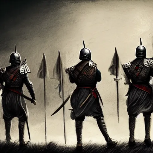 Image similar to realistic, 5 medieval soldiers, in line, pikes, hellbards, banner, flag, mist, picture from behind, epic, digital art, illustration, fantasy, realistic sketch, dark