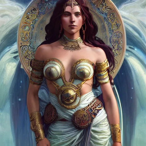 Prompt: epic masterpiece full body portrait of a beautiful Atlantean priestess, highly detailed, digital painting, artstation, concept art, sharp focus, illustration, art by artgerm and greg rutkowski and alphonse mucha